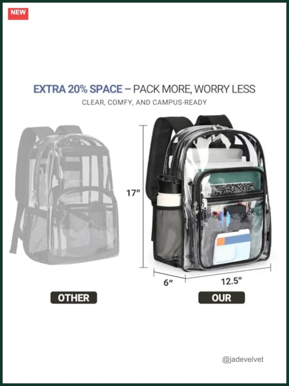 Heavy Duty Clear Backpack for School, Travel, Sports, Stadium Approved